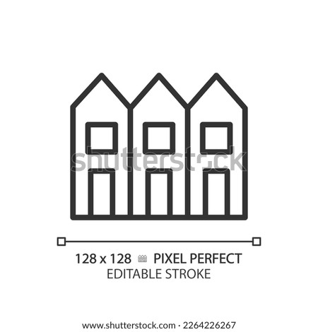 Townhouse pixel perfect linear icon. Multiple floor houses in row. Luxury property. Real estate. City rowhouse. Thin line illustration. Contour symbol. Vector outline drawing. Editable stroke