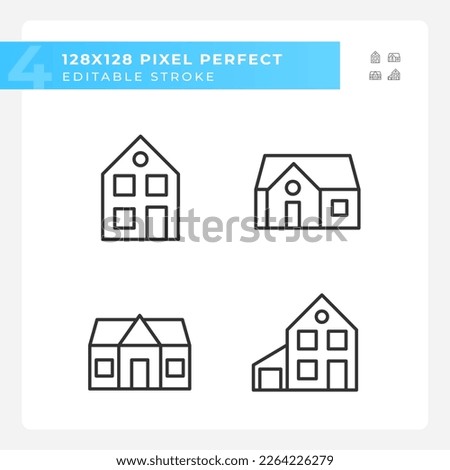 Single family houses pixel perfect linear icons set. Affordable property. Two storey home. Real estate agency. Customizable thin line symbols. Isolated vector outline illustrations. Editable stroke