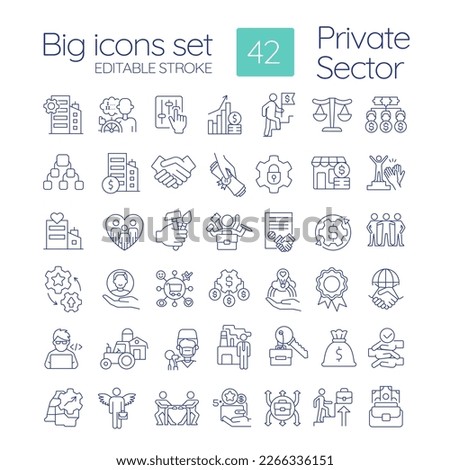 Private sector of economics linear icons set. Business ownership type. Development of entrepreneurship. Customizable thin line symbols. Isolated vector outline illustrations. Editable stroke