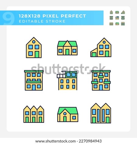 Property purchase pixel perfect RGB color icons set. Real estate agency. Apartments and houses. Luxury property. Isolated vector illustrations. Simple filled line drawings collection. Editable stroke