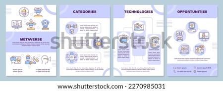 Metaverse purple brochure template. Virtual reality. Leaflet design with linear icons. Editable 4 vector layouts for presentation, annual reports. Arial-Black, Myriad Pro-Regular fonts used