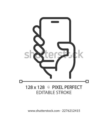 Hand with smartphone pixel perfect linear icon. Person holding cell phone. Mobile device for communication. Thin line illustration. Contour symbol. Vector outline drawing. Editable stroke