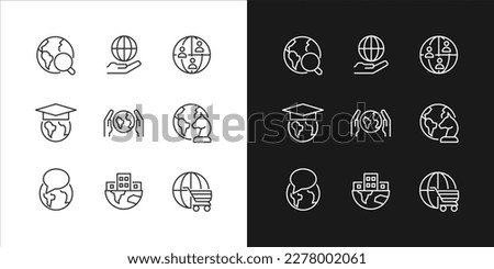 Global relationships pixel perfect linear icons set for dark, light mode. International connections. World development. Thin line symbols for night, day theme. Isolated illustrations. Editable stroke