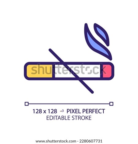 No smoking pixel perfect RGB color icon. Cigarettes ban sign. Important rule of toilet room usage. Fresh air condition. Isolated vector illustration. Simple filled line drawing. Editable stroke