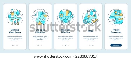 Clean water and sanitation onboarding mobile app screen. Walkthrough 5 steps editable graphic instructions with linear concepts. UI, UX, GUI template. Myriad Pro-Bold, Regular fonts used