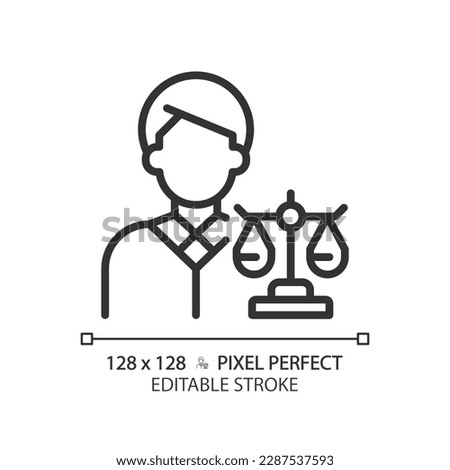 Attorney in law pixel perfect linear icon. Lawyer protecting client rights in court. Legal judgement regulation. Thin line illustration. Contour symbol. Vector outline drawing. Editable stroke