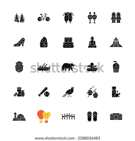 Taiwan black glyph icons set on white space. Taiwanese traditional national items. Asian cultural black concentration elements pack. Ethnic heritage. Silhouette symbols. Vector isolated illustration