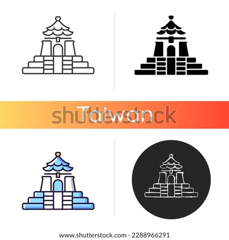 Chiang Kai shek Memorial Hall icon. Landmark tourist attraction. Taipei national building. Oriental architecture style. Linear black and RGB color styles. Isolated vector illustrations