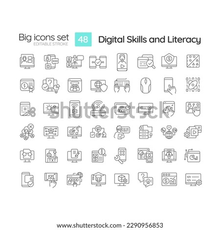 Digital skills and literacy linear icons set. Computer programming. Cyber citizenship. Online safety. Customizable thin line symbols. Isolated vector outline illustrations. Editable stroke