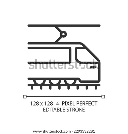 Tram pixel perfect linear icon. Tramway train. Urban transport. Light rail vehicle. Modern streetcar. Thin line illustration. Contour symbol. Vector outline drawing. Editable stroke