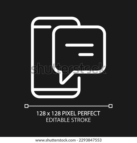 Smartphone with speech bubble pixel perfect white linear icon for dark theme. Notification from messenger. Mobile phone app. Thin line illustration. Isolated symbol for night mode. Editable stroke