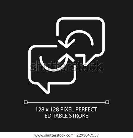 Exchange opinions pixel perfect white linear icon for dark theme. Connected chat bubbles with arrows. Thoughts sharing. Thin line illustration. Isolated symbol for night mode. Editable stroke