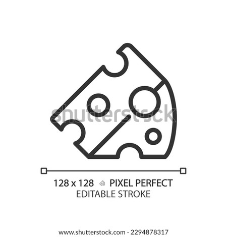 Cheese pixel perfect linear icon. Milk product. Dairy industry. Deli section. Snack flavor. Appetizer board. Thin line illustration. Contour symbol. Vector outline drawing. Editable stroke