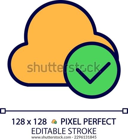 Cloud with check mark pixel perfect RGB color icon. Safe digital data storage. Keep information on internet. Isolated vector illustration. Simple filled line drawing. Editable stroke