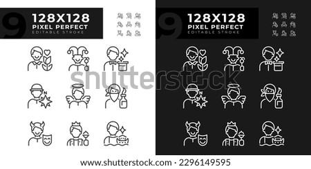 Personalities pixel perfect linear icons set for dark, light mode. Psychoanalytic theory. Archetypes. Psychology. Thin line symbols for night, day theme. Isolated illustrations. Editable stroke