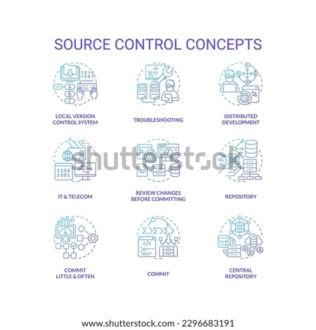 Source control blue gradient concept icons set. Tracking and managing changes to code idea thin line color illustrations. Isolated symbols. Roboto-Medium, Myriad Pro-Bold fonts used