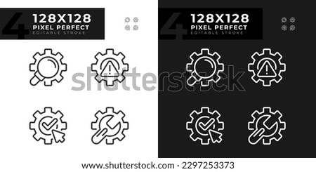 System changes pixel perfect linear icons set for dark, light mode. Extended search. Complete and save changes. Thin line symbols for night, day theme. Isolated illustrations. Editable stroke