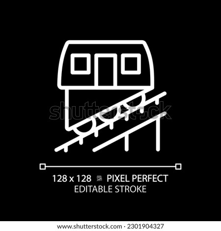 Funicular pixel perfect white linear icon for dark theme. Cable railway system. Public transport. Urban transit. Train ride. Thin line illustration. Isolated symbol for night mode. Editable stroke