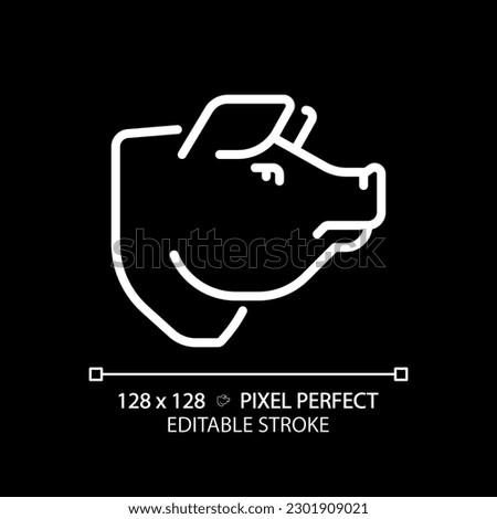 Pork pixel perfect white linear icon for dark theme. Pig head. Meat shop. Food industry. Farm animal. Barbecue restaurant. Thin line illustration. Isolated symbol for night mode. Editable stroke