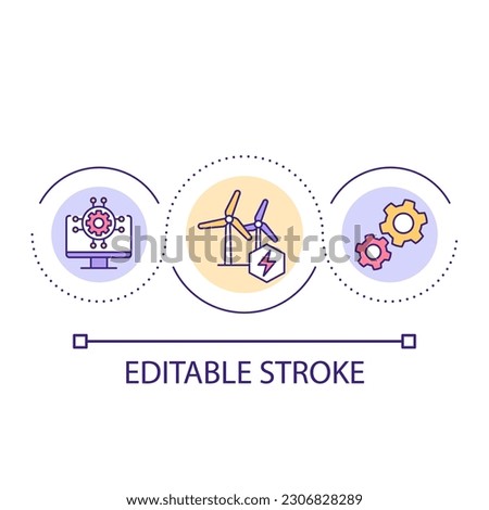 Clean energy generated by windmills loop concept icon. Sustainable power technology. Electricity abstract idea thin line illustration. Isolated outline drawing. Editable stroke. Arial font used