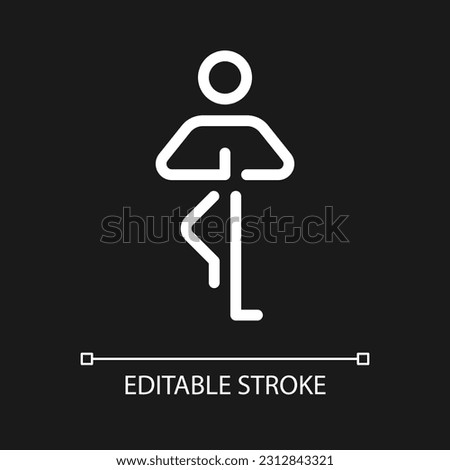 Tree pose pixel perfect white linear ui icon for dark theme. Yoga pose. Balancing asana. Vector line pictogram. Isolated user interface symbol for night mode. Editable stroke. Arial font used