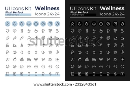Wellness pixel perfect linear ui icons set for dark, light mode. Healthy lifestyle. Outline isolated user interface elements for night, day themes. Editable stroke. Montserrat Bold, Light fonts used