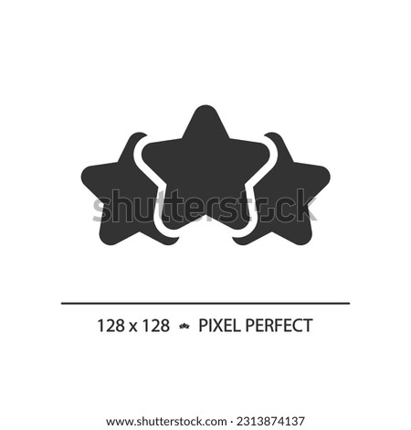 Three stars pixel perfect black glyph icon. Product and service rating. Positive ranking symbol. Customer opinion. Silhouette symbol on white space. Solid pictogram. Vector isolated illustration