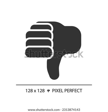 Thumbs down pixel perfect black glyph icon. Negative evaluation of product. Performing bad customer experience. Silhouette symbol on white space. Solid pictogram. Vector isolated illustration