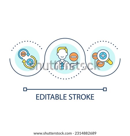 Analyze advantages and disadvantages loop concept icon. Focus on strong side. Highlight pluses abstract idea thin line illustration. Isolated outline drawing. Editable stroke. Arial font use