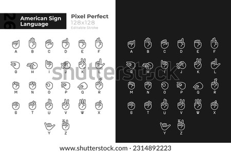 Letters signs in ASL pixel perfect linear icons set for dark, light mode. Thin line symbols for night, day theme. Isolated illustrations. Editable stroke. Montserrat Bold, Light fonts used