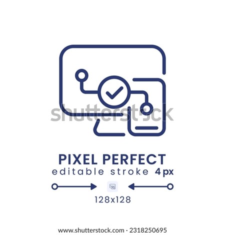 Cross-platform compatibility linear desktop icon. Streaming on multiple devices. Pixel perfect 128x128, outline 4px. GUI, UX design. Isolated user interface element for website. Editable stroke