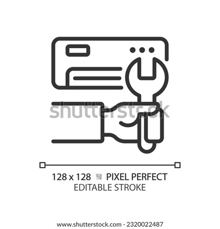 Ac installation linear icon. Air conditioner. Hvac maintenance. Climate control. Electric appliance. Repair service. Thin line illustration. Contour symbol. Vector outline drawing. Editable stroke