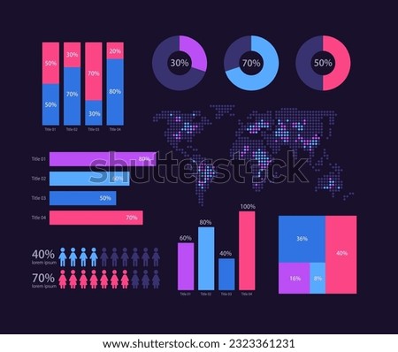 International business analytics infographic chart design template set for dark theme. Visual data presentation. Editable bar graphs and circular diagrams collection. Myriad Pro font used