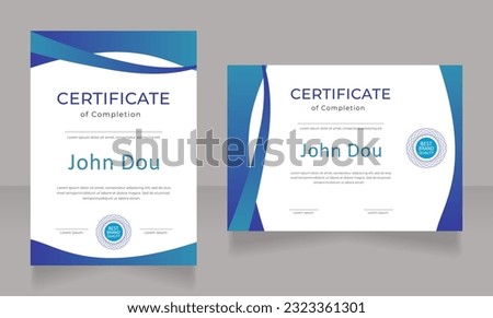 Completion of internship certificate design template set. Vector diploma with customized copyspace and borders. Printable document for awards and recognition. Montserrat, Calibri Regular fonts used