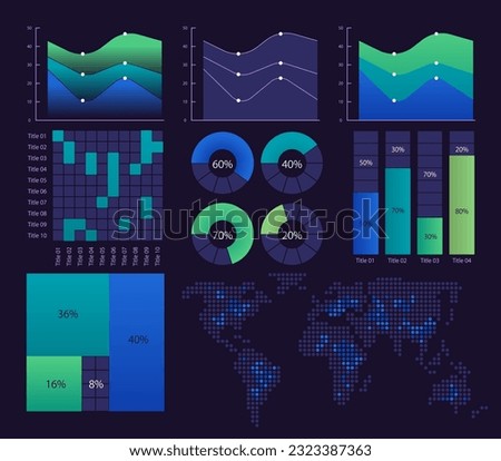 Scientific discoveries demonstration infographic chart design template set for dark theme. Visual data presentation. Bar graphs and circular diagrams collection. Myriad Variable Concept font used