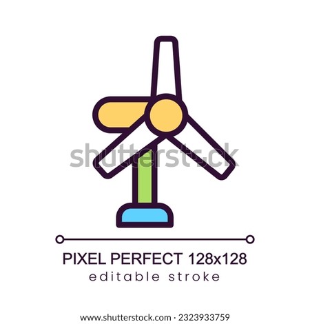 Windmill pixel perfect RGB color icon. Renewable wind power. Eco friendly electricity plant. Isolated vector illustration. Simple filled line drawing. Editable stroke. Poppins font used