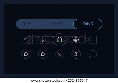 Tab bar and control system UI elements kit. User menu isolated vector components. Flat navigation menus and interface buttons template. Dark theme web design widget collection for mobile application