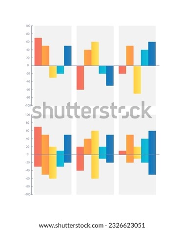 Ups and downs infographic chart design template set. Positive and negative results. Financial performance. Visual data presentation. Editable bar graphs collection. Myriad Pro-Bold, Regular fonts used