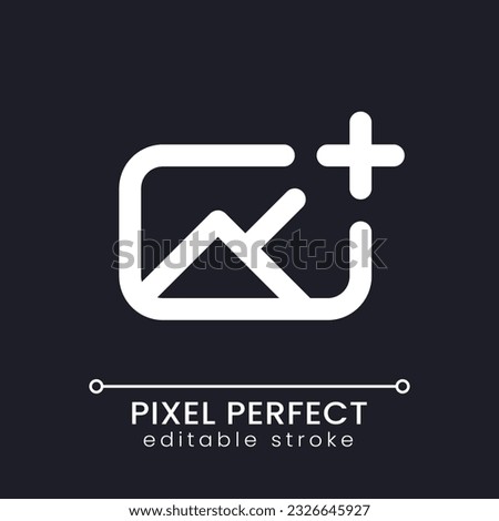 Add image pixel perfect white linear ui icon for dark theme. Insert photo into footage. Editing tool. Vector line pictogram. Isolated user interface symbol for night mode. Editable stroke