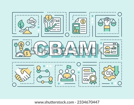 CBAM text concept with various icons on green monochromatic background, 2D vector illustration.