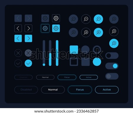 Multiple buttons UI elements kit. Editable isolated vector components. Navigation panel. Web design pack for mobile application, software with dark theme. Montserrat Light, Medium, Bold fonts used