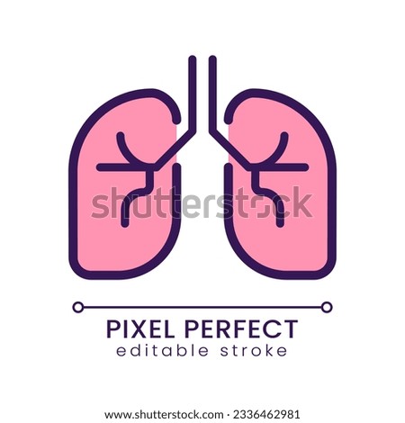 Human lungs pixel perfect RGB color icon. Respiratory system checkup. Pulmonary tests. Medical checkup. Isolated vector illustration. Simple filled line drawing. Editable stroke. Poppins font used