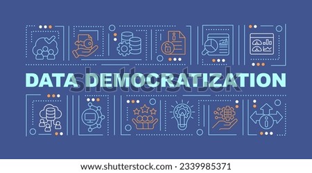 Data democratization text with various thin line icons on dark monochromatic background, 2D vector illustration.