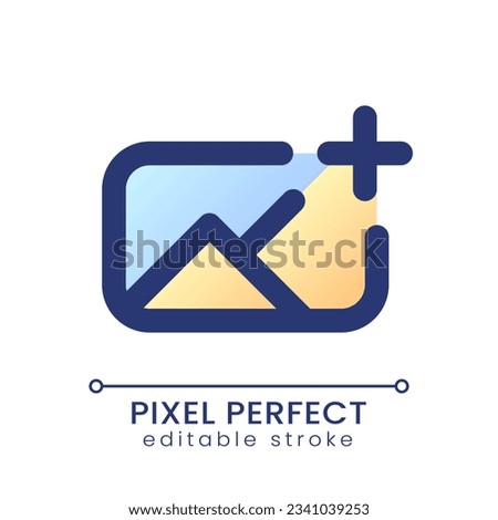 Add image pixel perfect gradient fill ui icon. Insert photo into footage. Overlay picture on video. Modern colorful line symbol. GUI, UX design for app, web. Vector isolated editable RGB element
