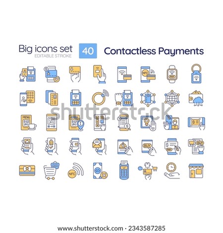 Contactless payment RGB color icons set. Debit card. Tap and pay. Online banking. Pos terminal. Nfc technology. Isolated vector illustrations. Simple filled line drawings collection. Editable stroke
