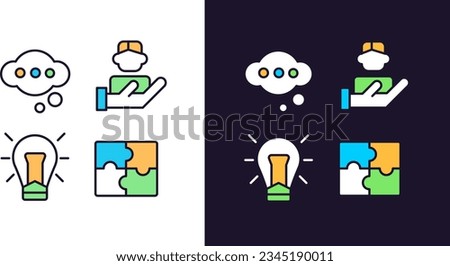 Teamwork pixel perfect light and dark theme color icons set. Healthy environment in workplace. Business development. Simple filled line drawings. Bright cliparts on white and black. Editable stroke