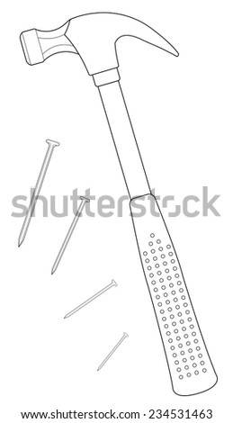 Claw hammer with steel nails. Repair equipment. Rubber handle. Contour lines vector clip art illustration isolated on white 