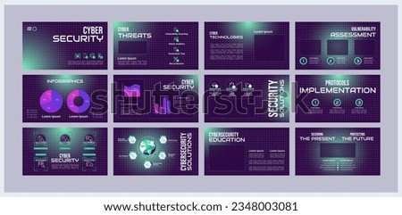 Cyber security presentation templates set. Cybersecurity training. Risk management. Ready made PPT slides on purple background. Graphic design. Roboto Light, Bebas Neue, Audiowide fonts used