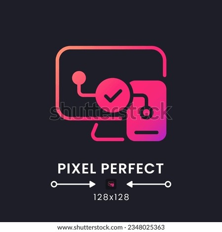 Cross-platform compatibility pink solid gradient desktop icon on black. Streaming on multiple devices. Pixel perfect 128x128, outline 4px. Glyph pictogram for dark mode. Isolated vector image