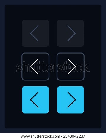 Left and right arrows UI elements kit. Direction isolated vector components. Flat navigation menus and interface buttons template. Dark theme web design widget collection for mobile application